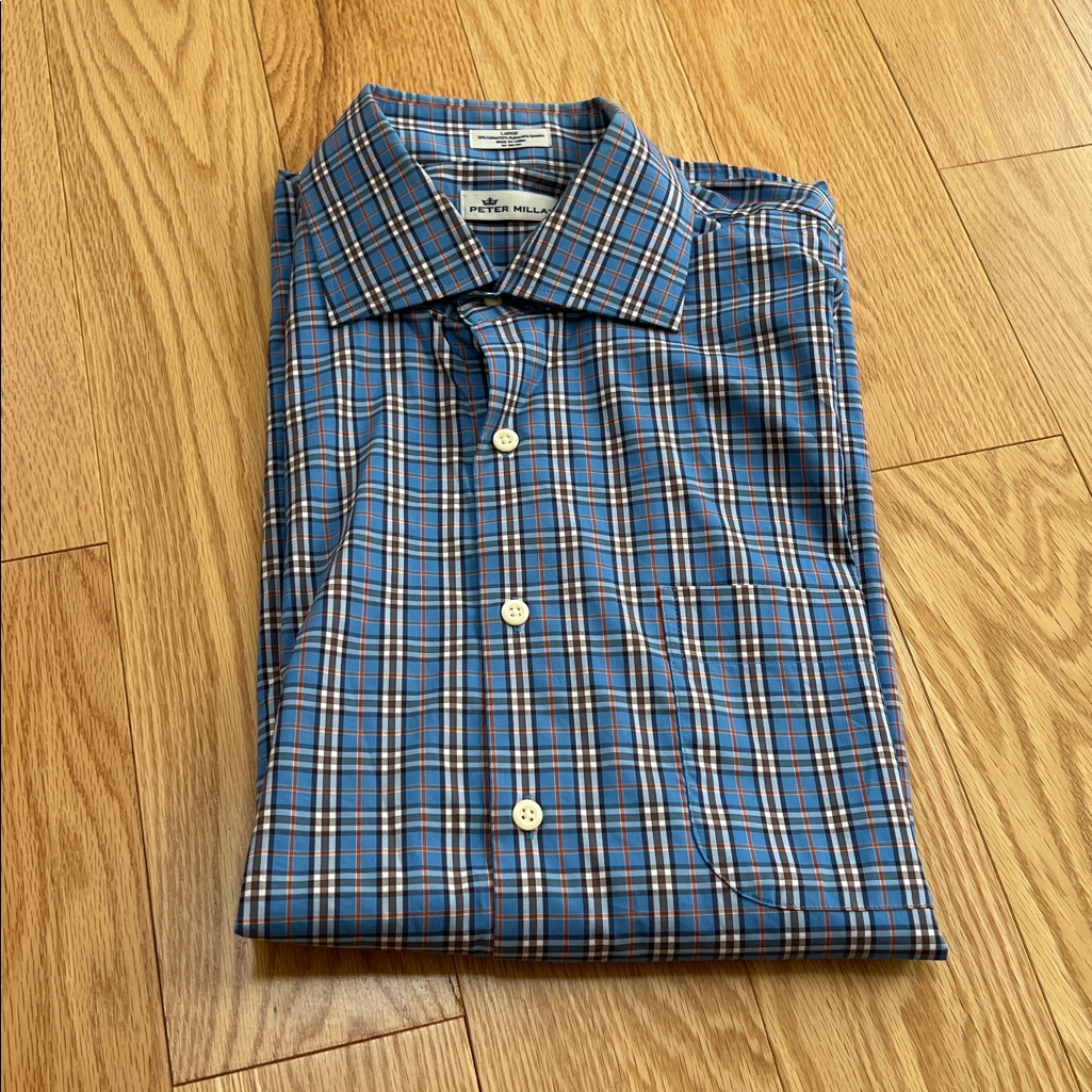 Peter Millar Men’s Large Blue And White Checkered Shirt.